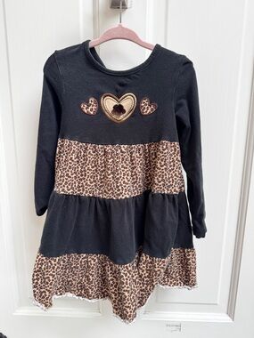 Copper Key Girls 4  Black and Tan Leopard Print Tiered Long Sleeve Casual Dress